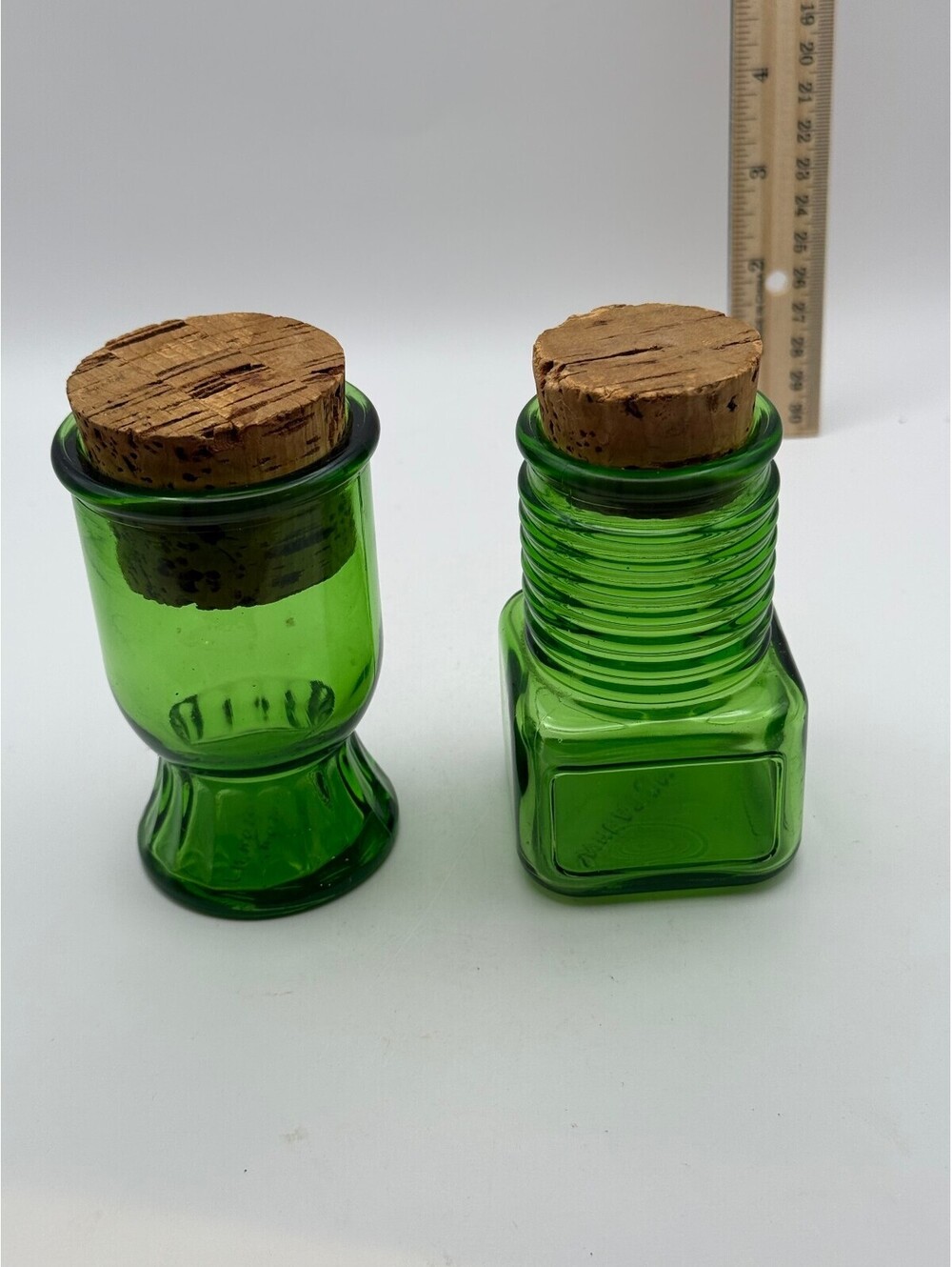 Vintage Wheaton NJ Green Glass Bottles Cork Stoppers Made in Taiwan Set of 2